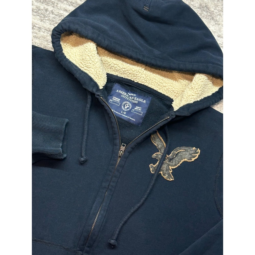 American Eagle Hoodie Mens Large Navy Blue Sherpa Lined Full Zip Eagle Logo Y2K